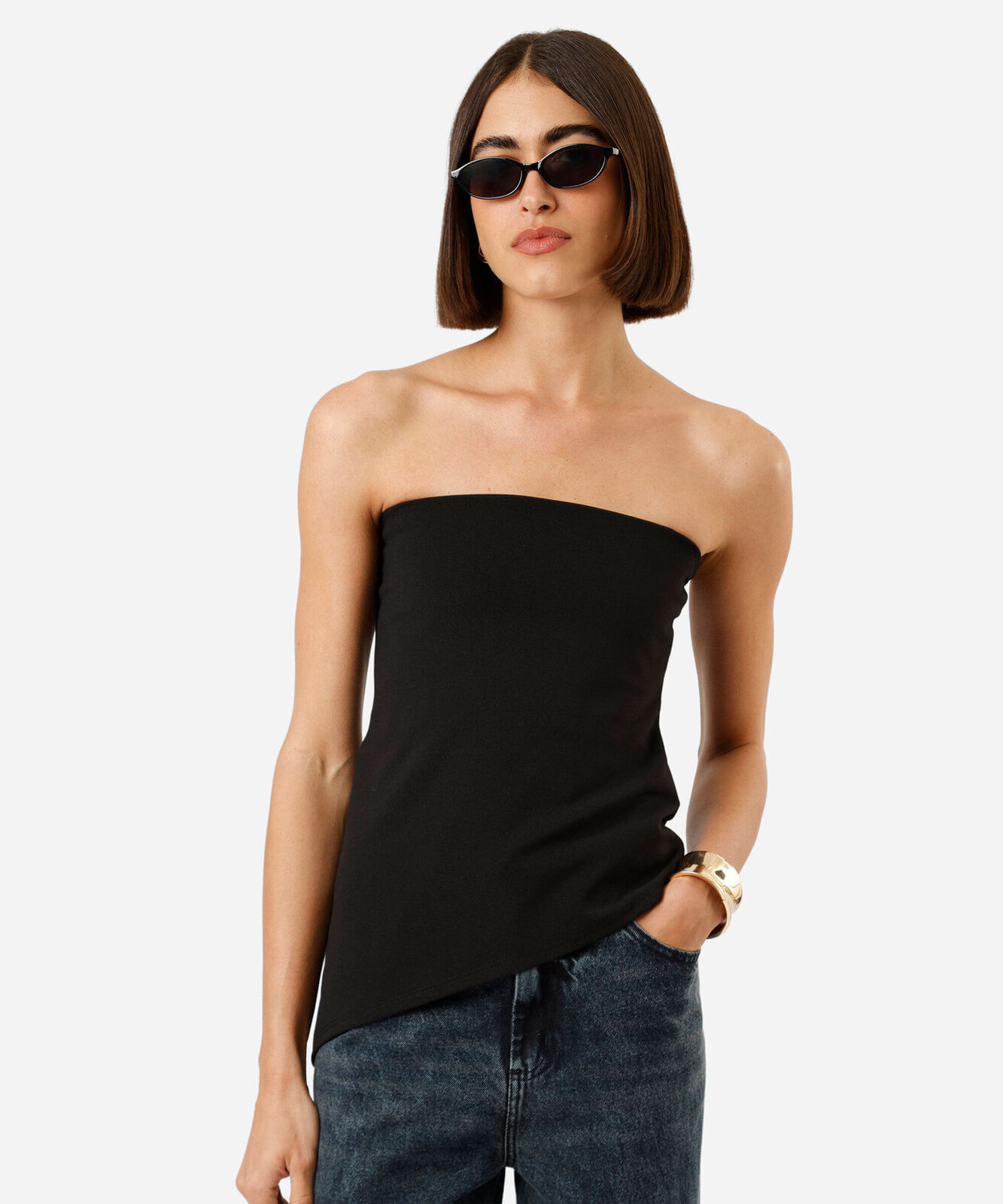 blusa sem alça feminina assimétrica preta