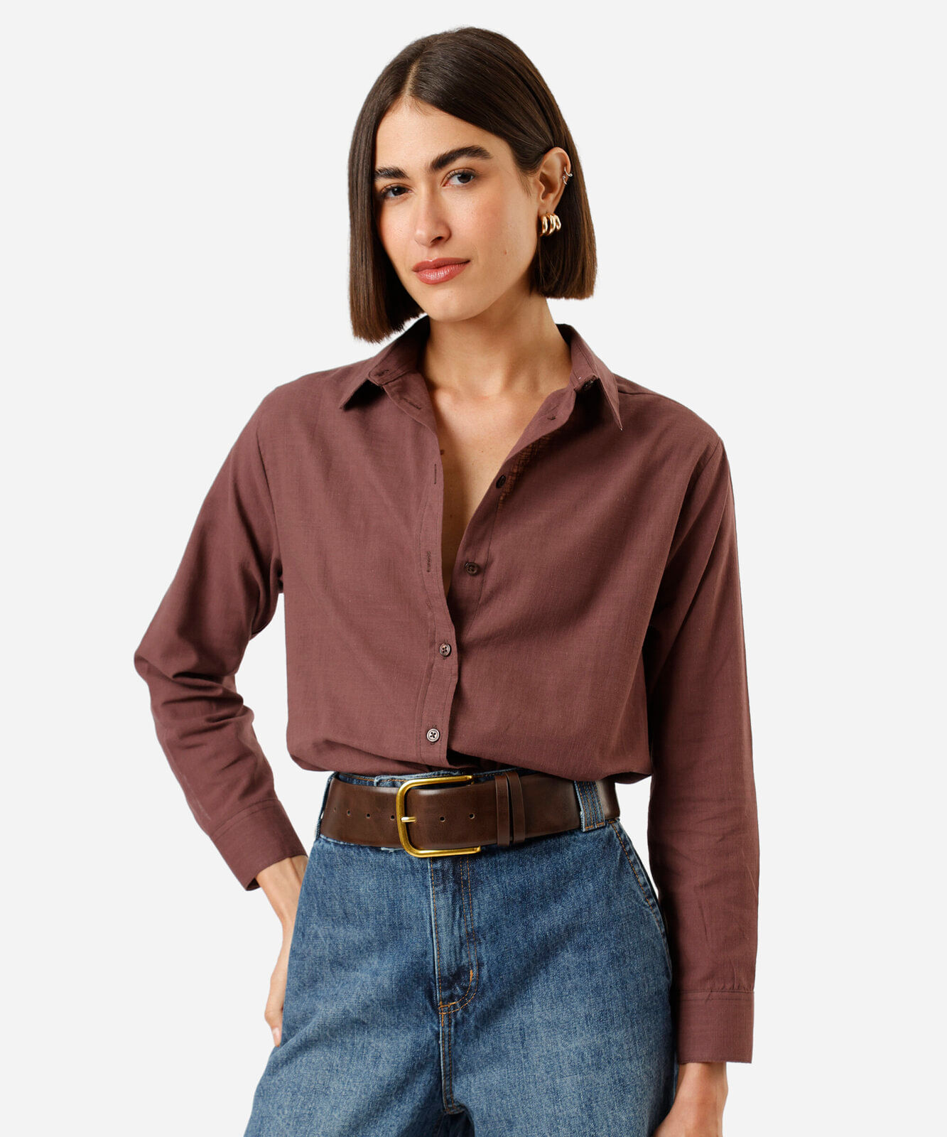 camisa feminina de algodão manga longa marrom