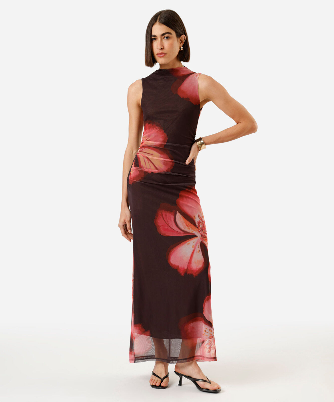 vestido longo feminino de tule gola alta floral marrom