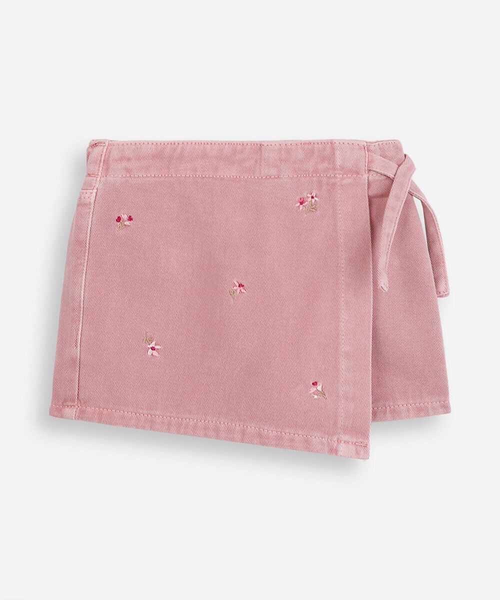 short saia infantil de sarja com bordado floral rosa