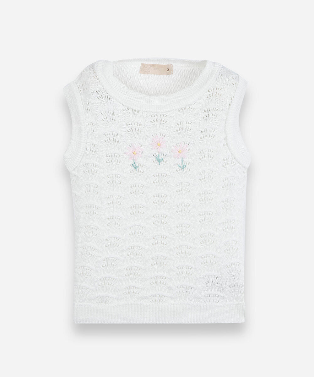 regata infantil de tricot com bordado floral off white