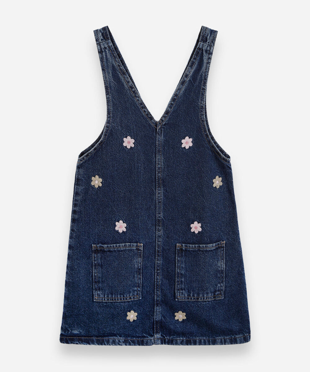 salopete infantil jeans com bordados florais azul
