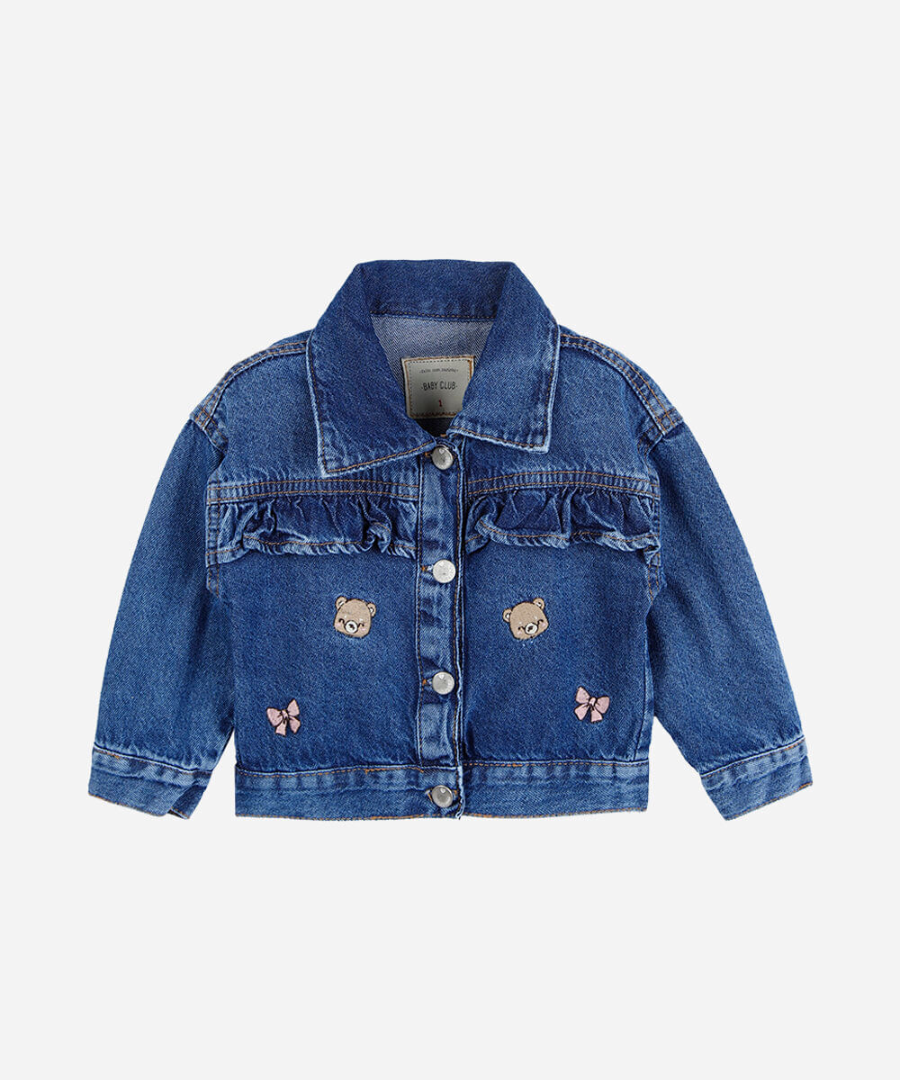jaqueta infantil jeans com babados e bordados de ursos azul