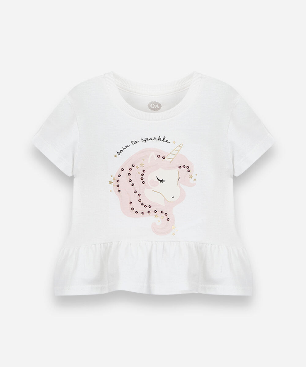 blusa infantil de algodão com babado unicórnio off white