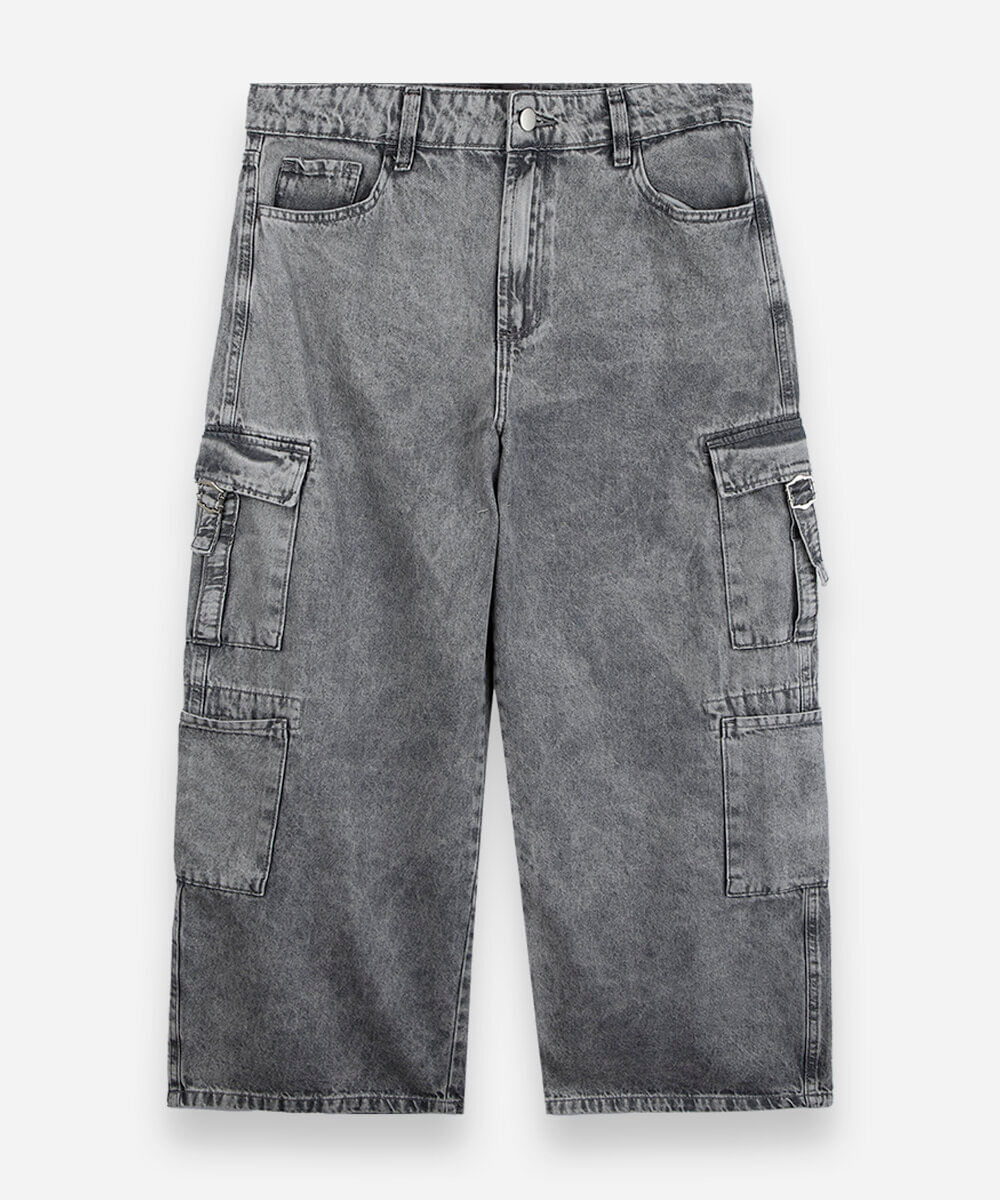 calça skater juvenil jeans multi bolsos cinza
