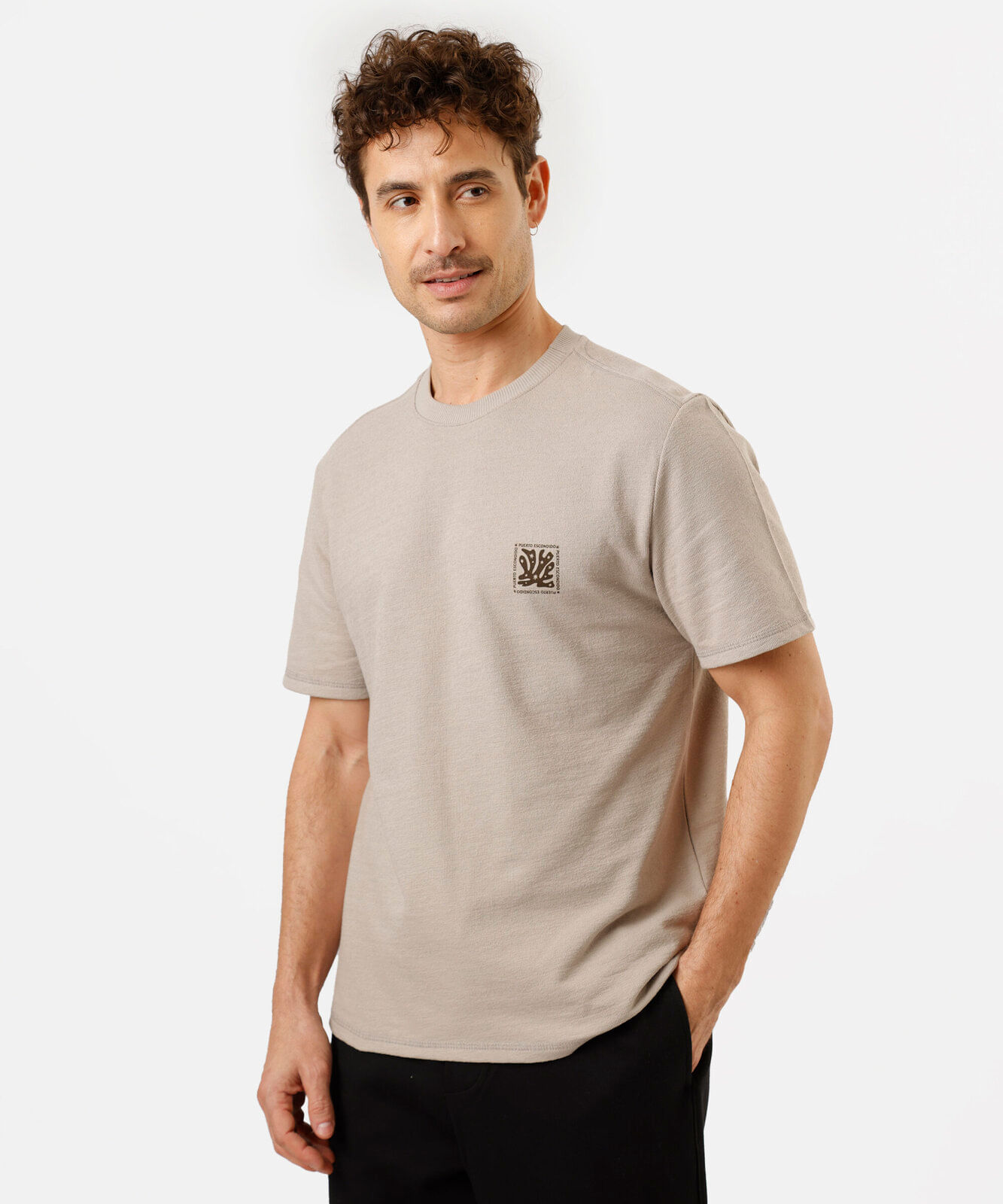 camiseta masculina de algodão manga curta estampada bege