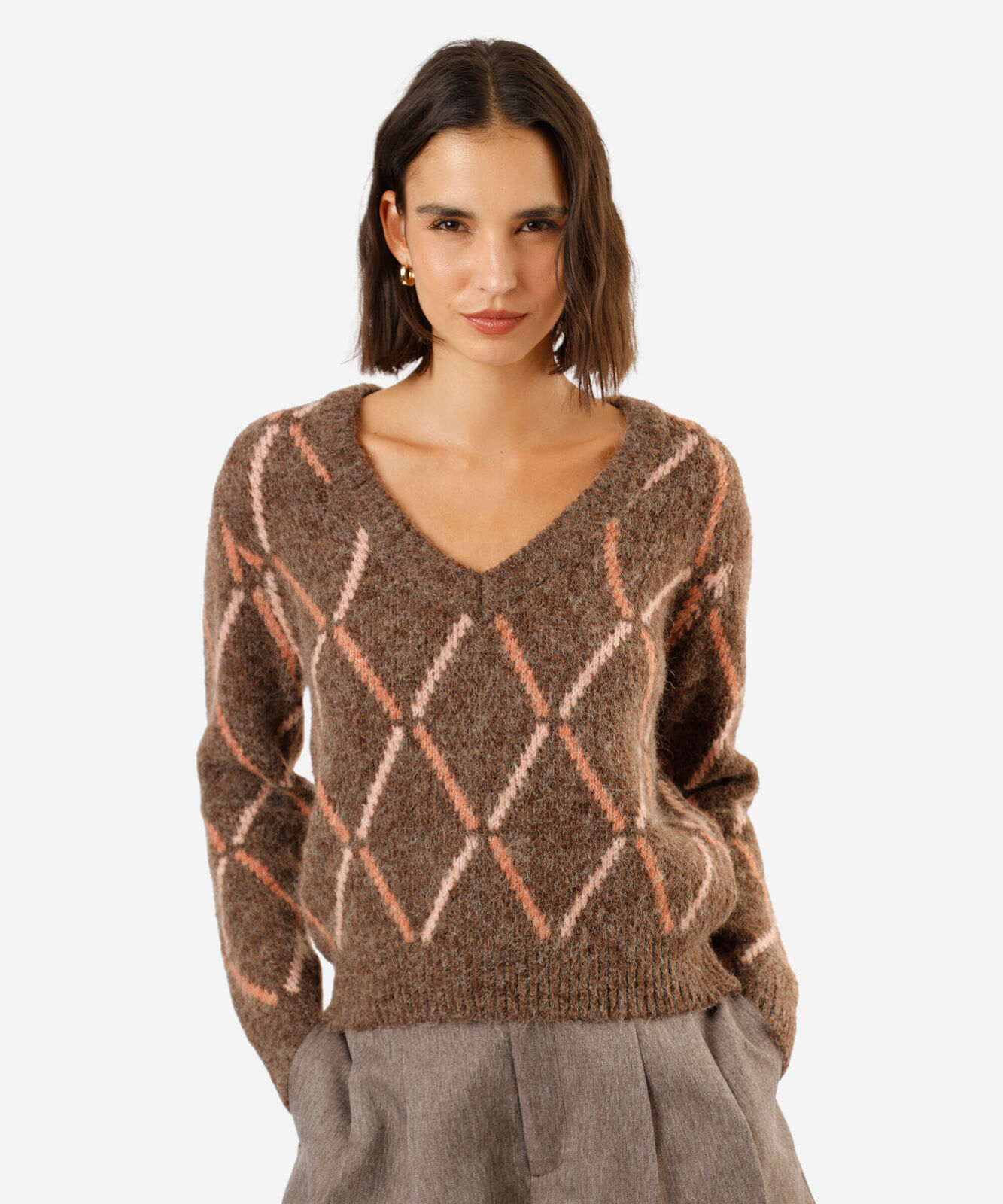 suéter feminino de tricot decote v xadrez argyle marrom