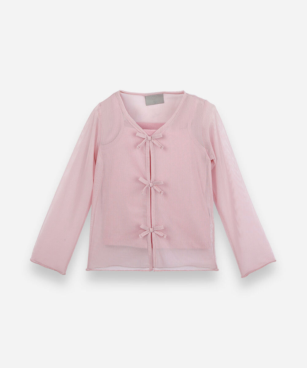 blusa infantil de tule manga longa com laços rosa