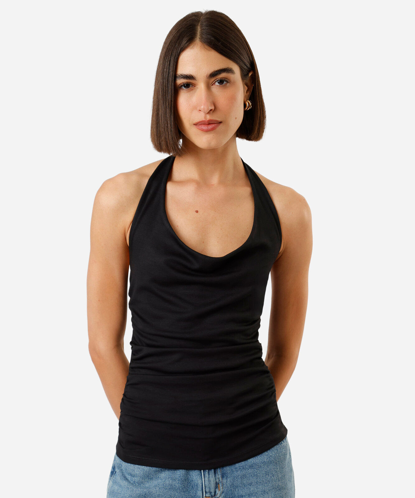 blusa frente única feminina decote degradê franzida preta