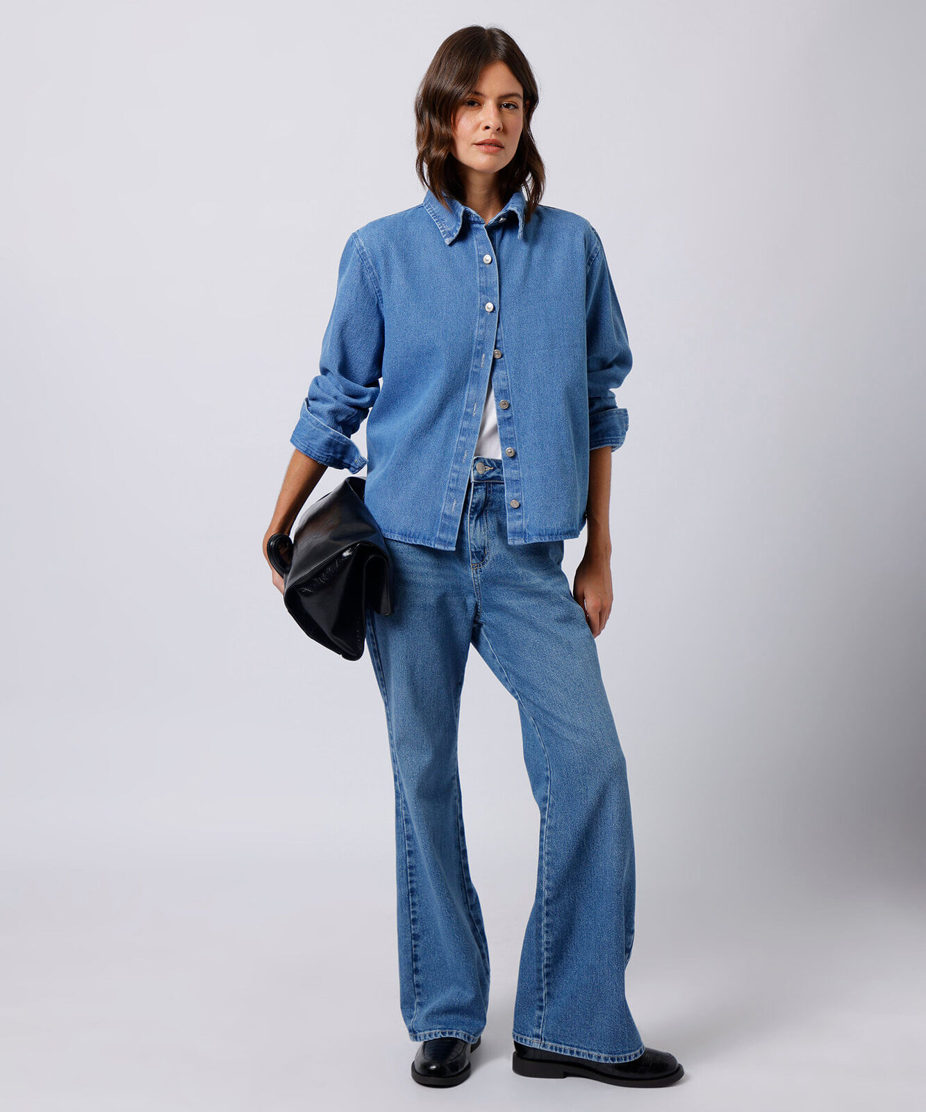 calça boot cut feminina jeans cintura alta mindset azul