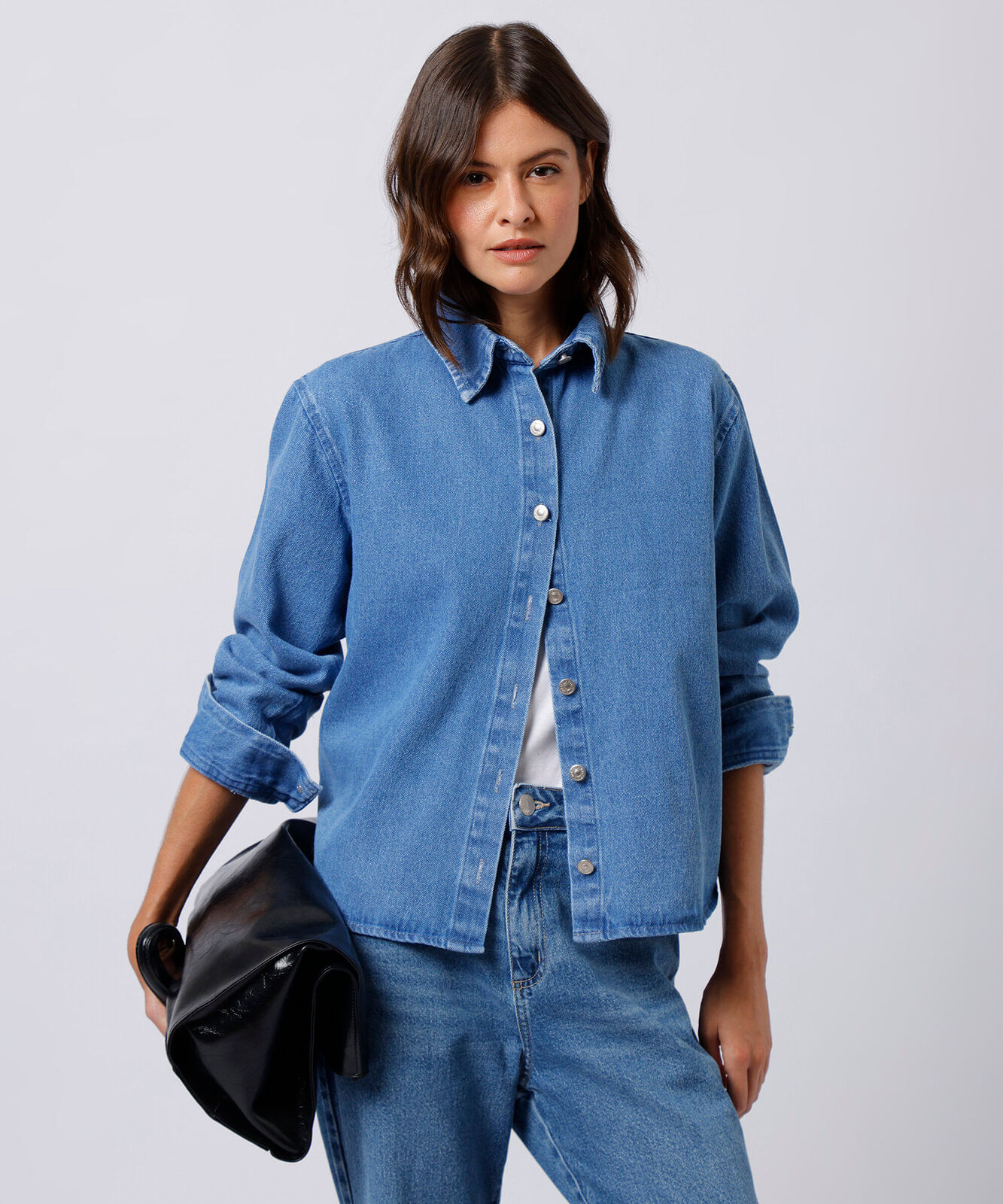 camisa feminina jeans manga longa mindset azul