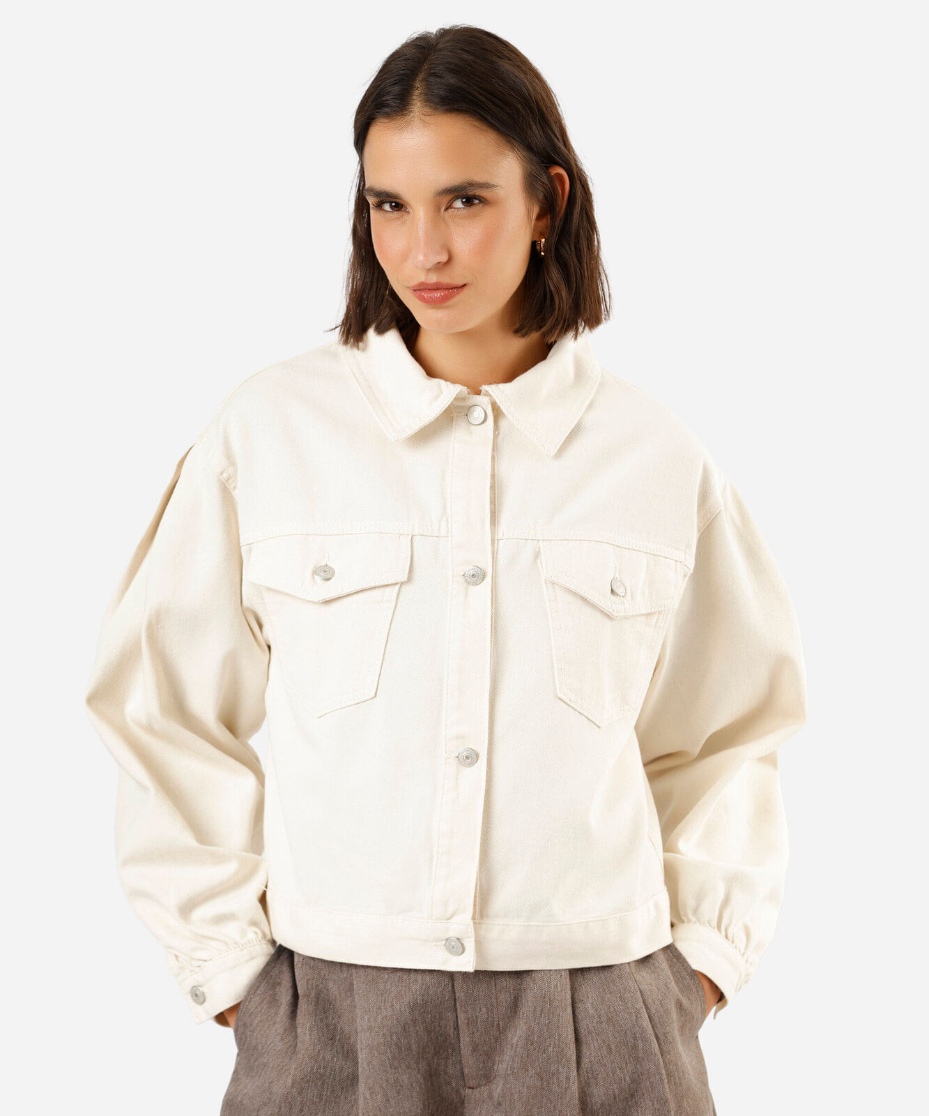 jaqueta feminina de sarja manga bufante off white