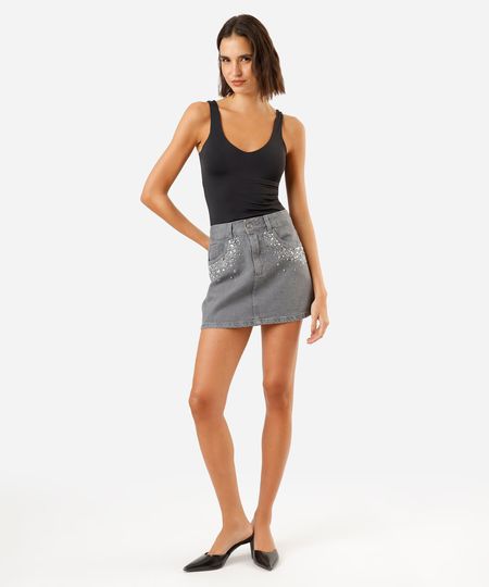 minissaia feminina jeans com brilhos cintura média cinza 34