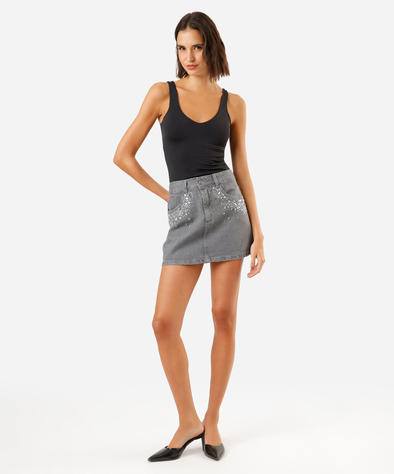 minissaia feminina jeans com brilhos cintura média cinza