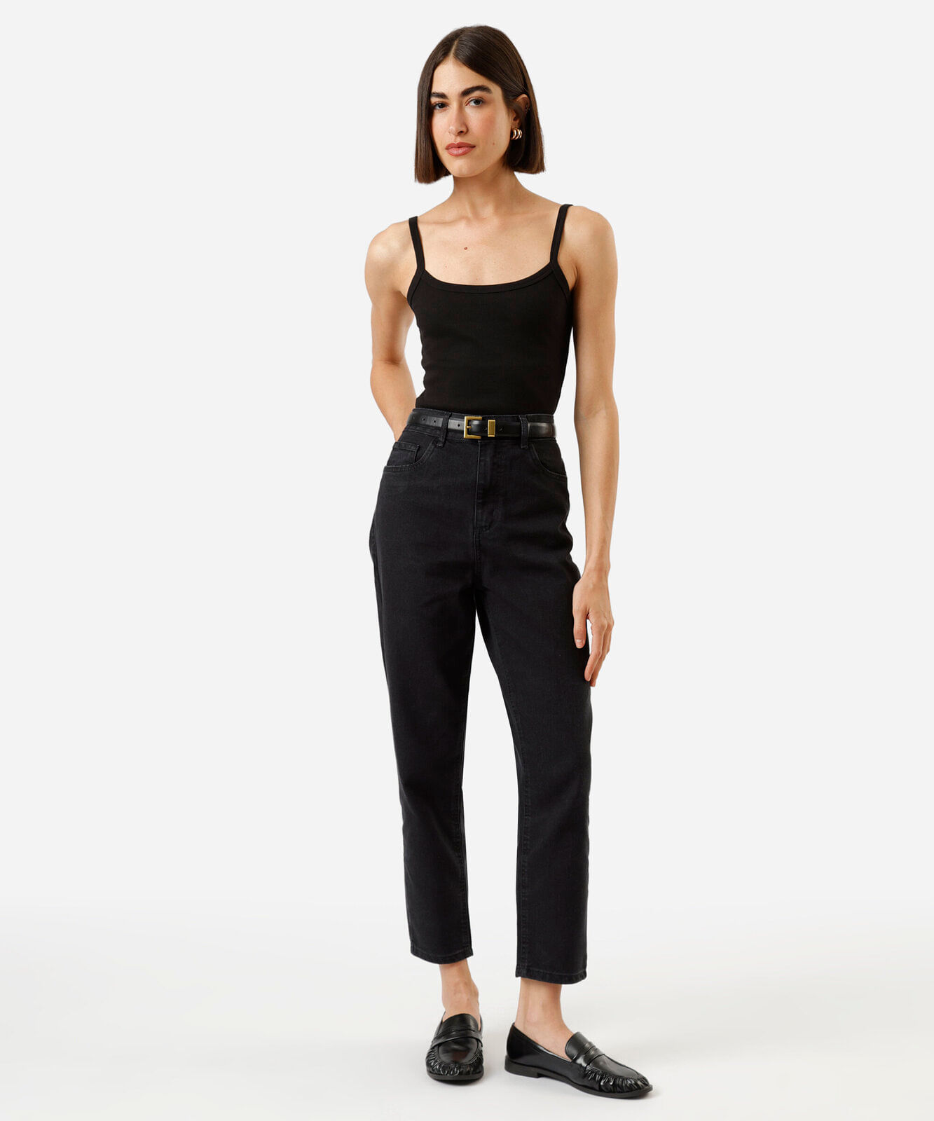 calça mom feminina jeans cintura alta preta
