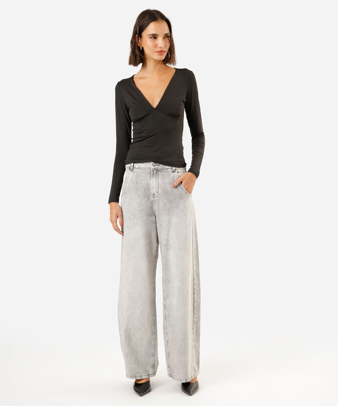 calça oversized feminina jeans cintura média cinza