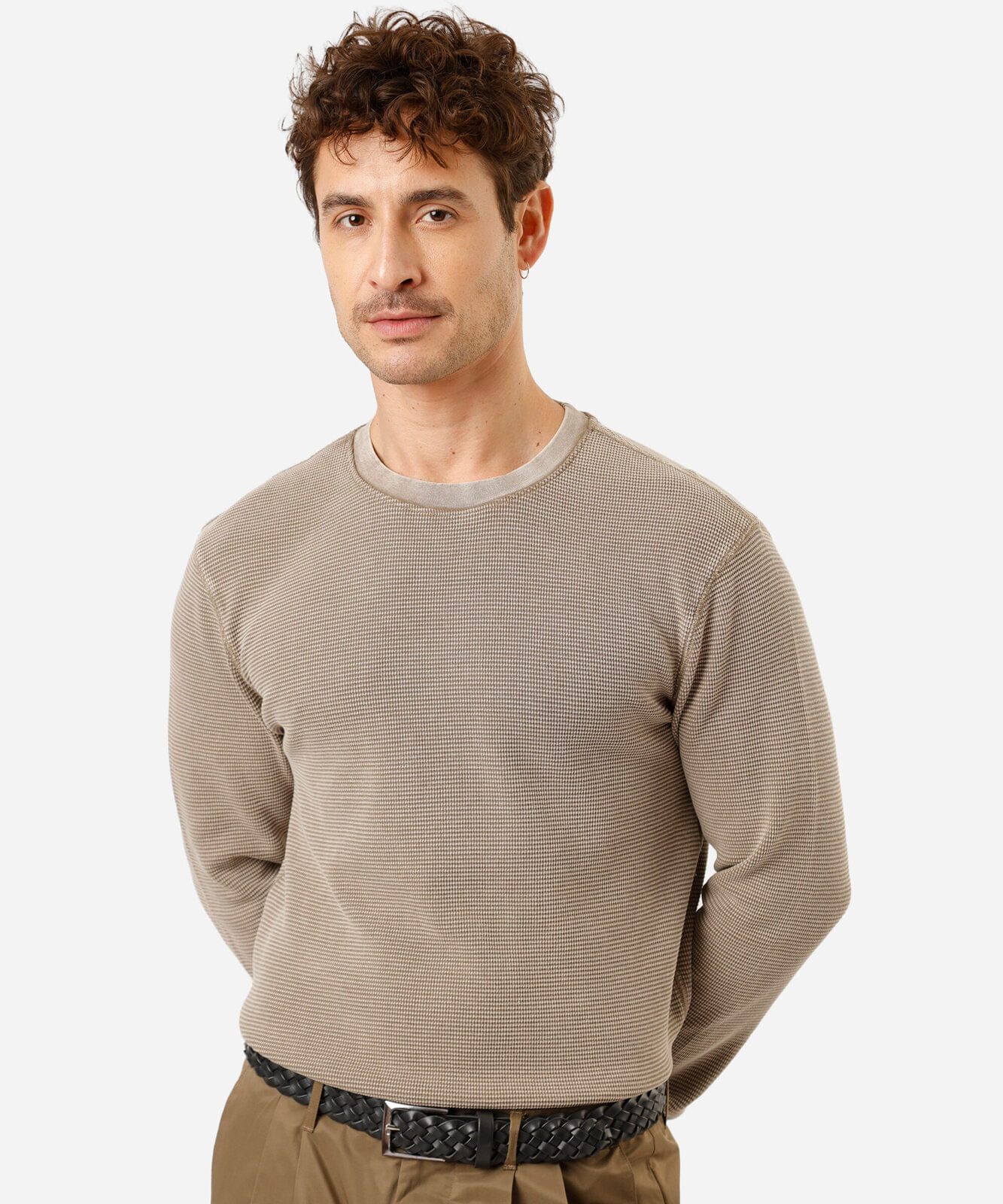 camiseta masculina de algodão manga longa texturizada estonada bege