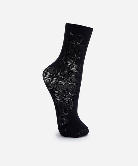 meia feminina soquete de renda floral preta UNICO