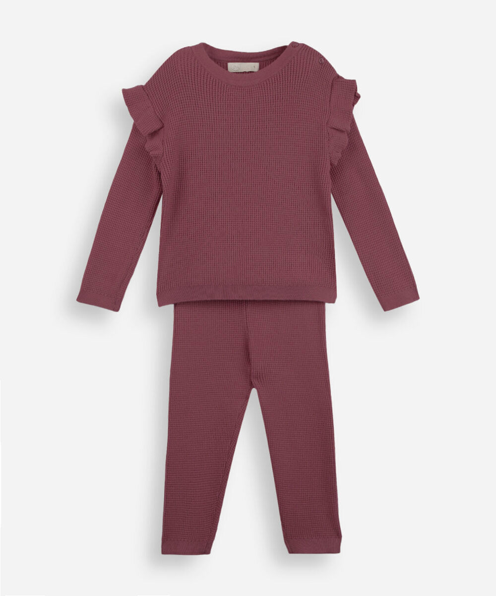 conjunto longo infantil com babado texturizado vinho