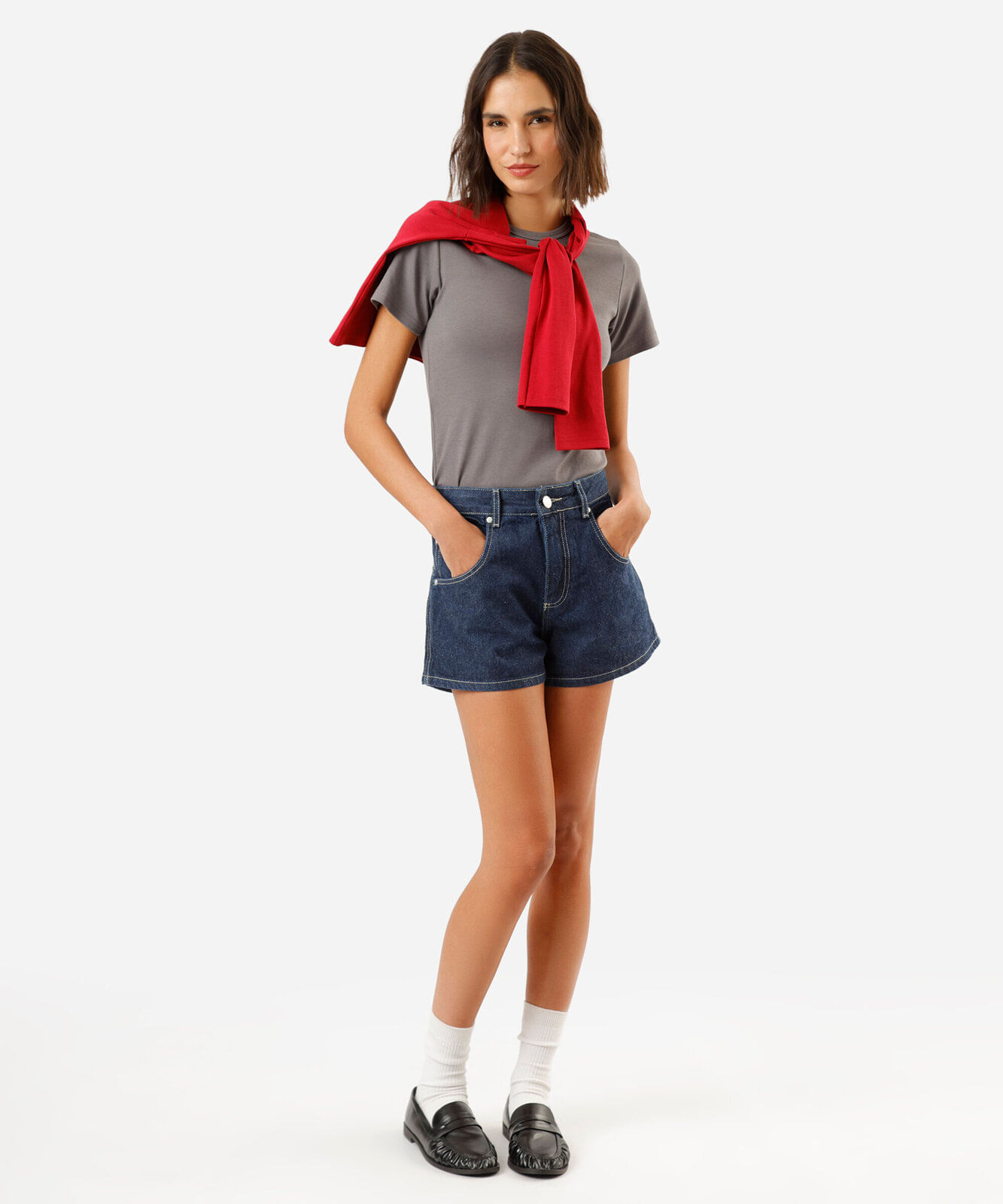 short feminino jeans cintura média azul