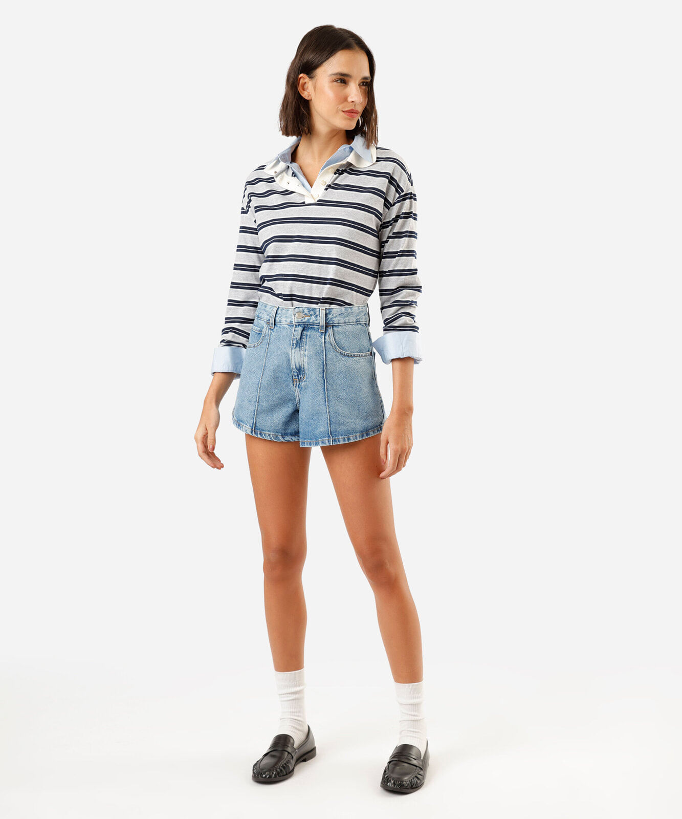short feminino jeans com nervura cintura alta azul