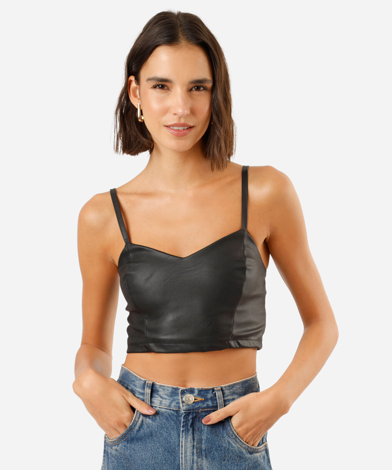 top cropped feminino de pu alça fina preto