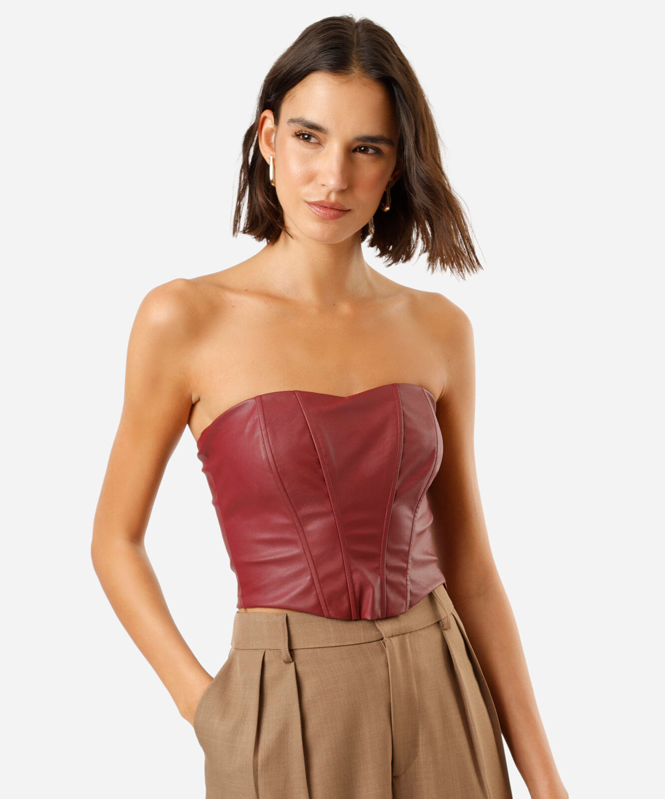 top cropped corset feminino de pu sem alça vinho