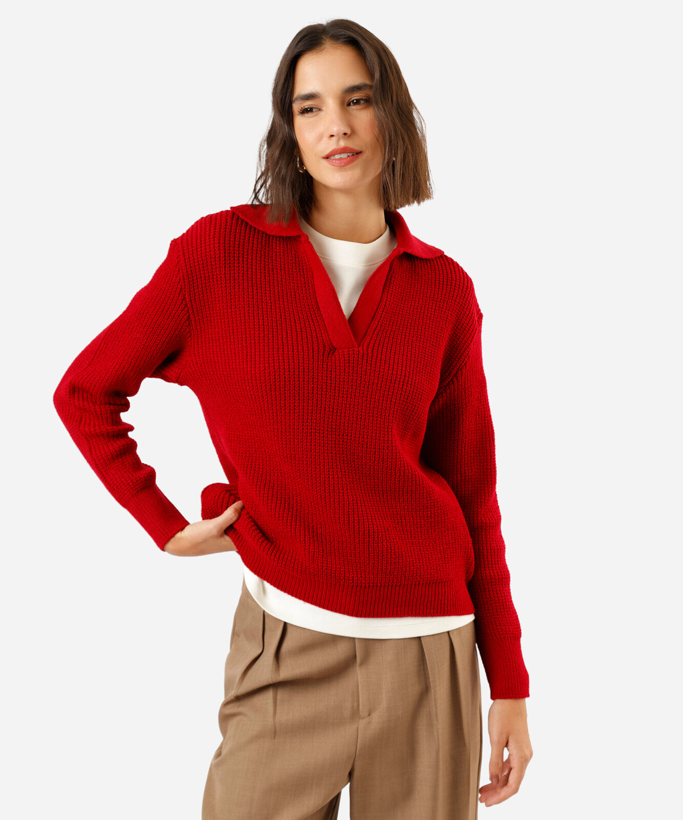 suéter polo feminino de tricot canelado vermelho