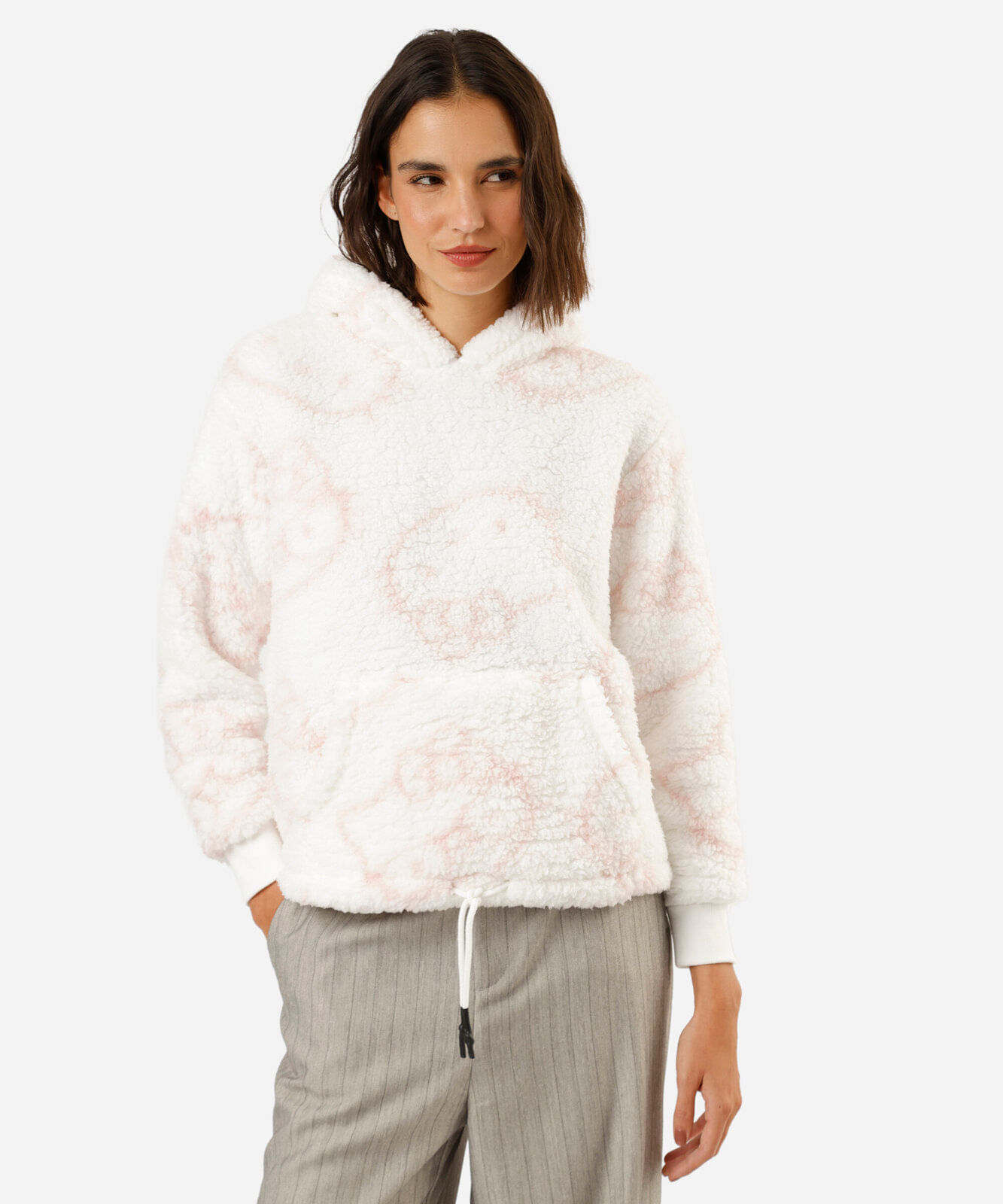 blusão feminino de sherpa com capuz hello kitty off white