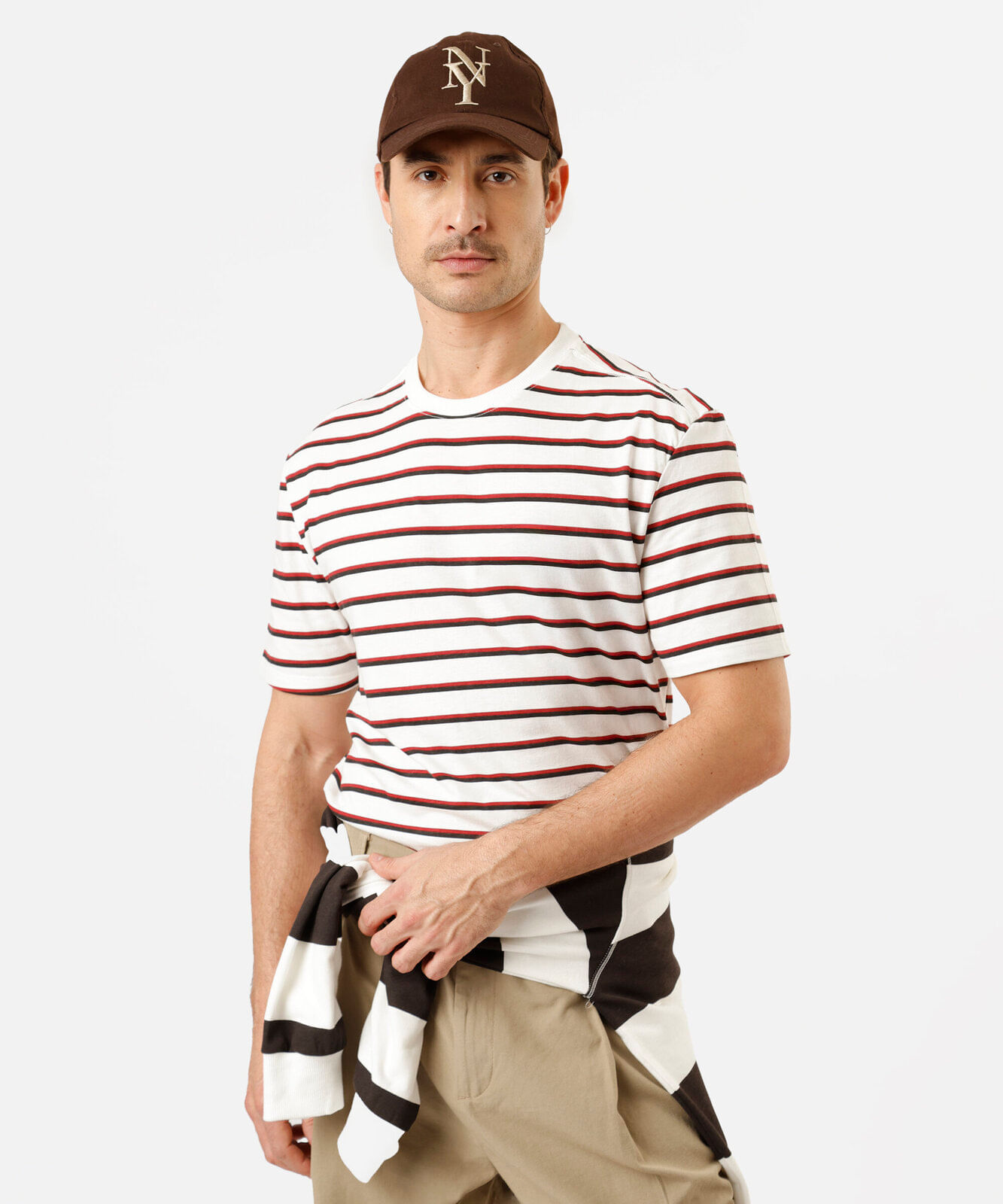 camiseta masculina de algodão manga curta listrada off white