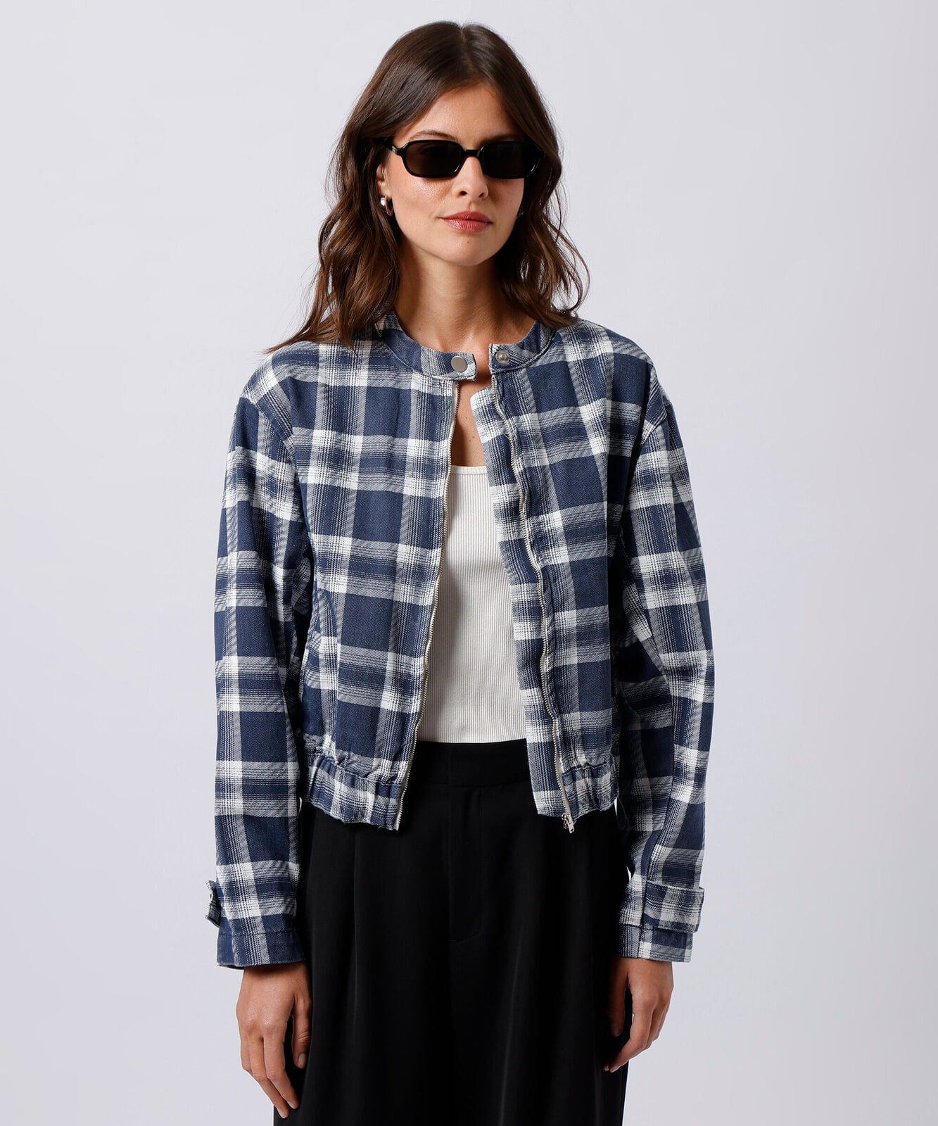 jaqueta feminina de sarja xadrez mindset azul