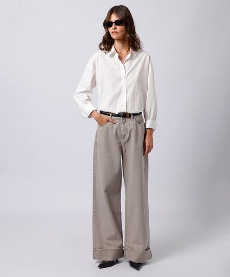 calça wide leg feminina de sarja com barra dobrada mindset cinza 38