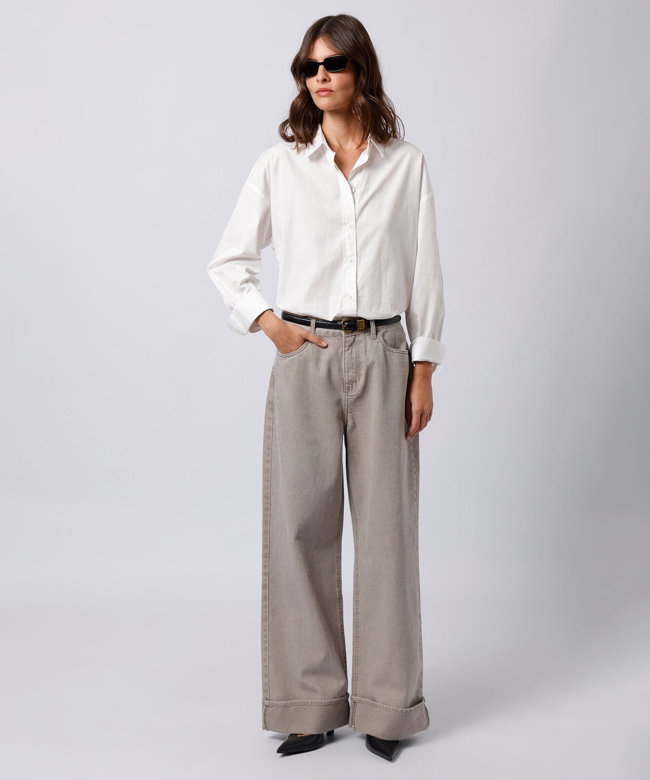 calça wide leg feminina de sarja com barra dobrada mindset cinza
