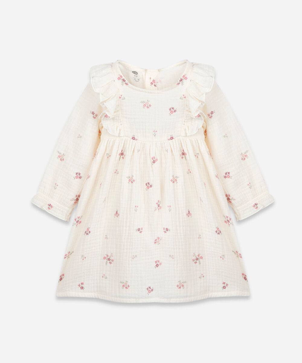 vestido infantil de algodão com babado floral off white