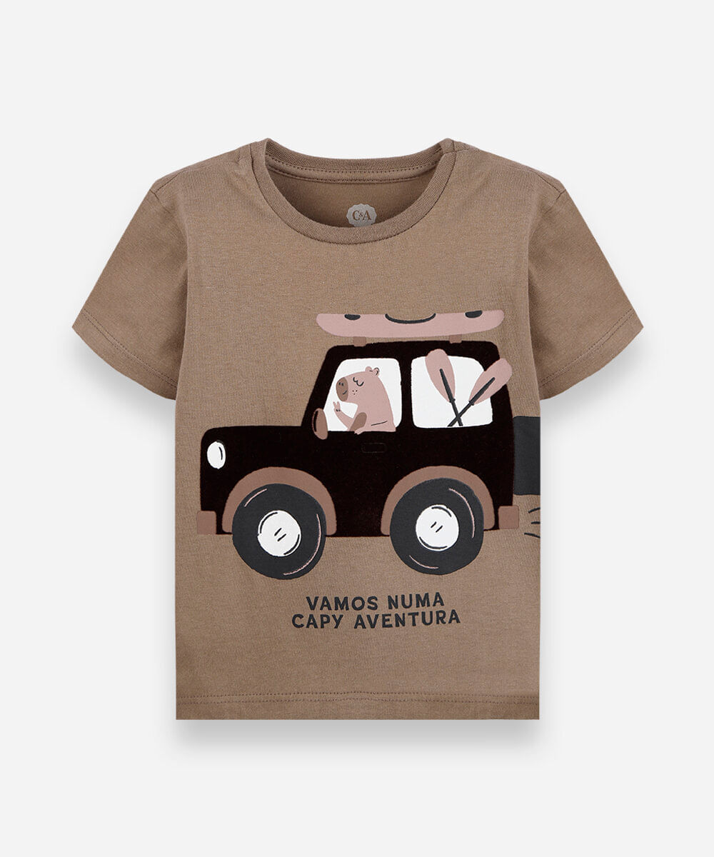 camiseta infantil de algodão manga curta estampada bege