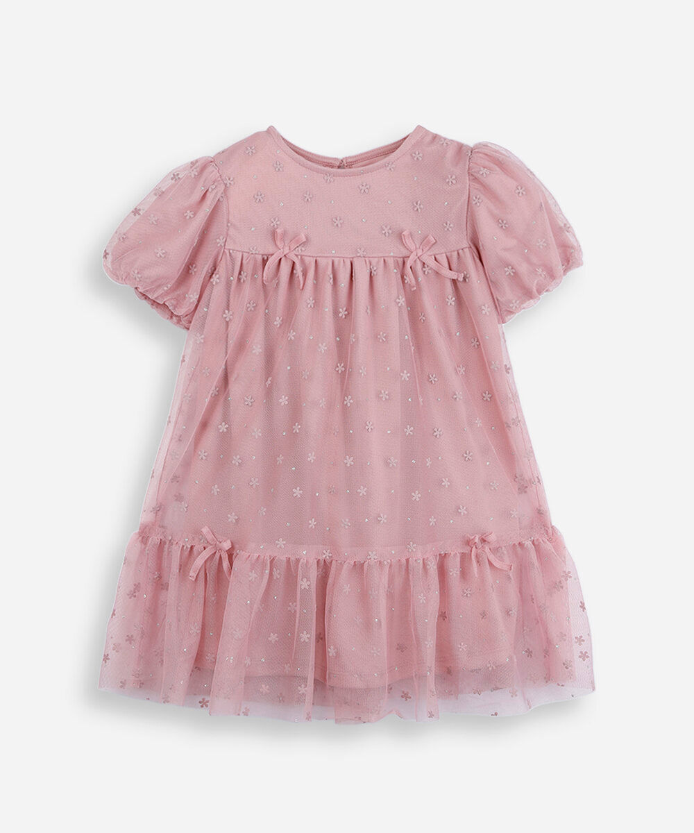 vestido infantil de tule lacinho manga curta rosa