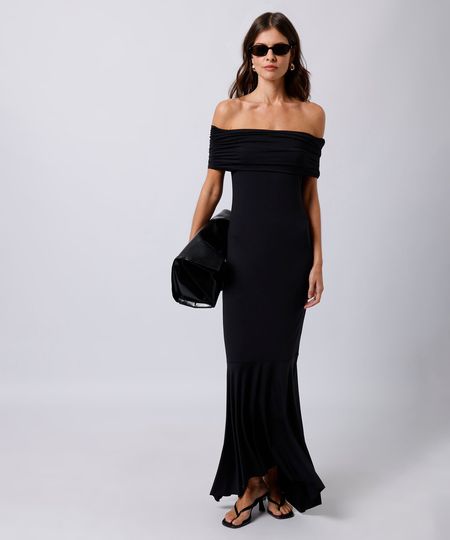 vestido midi feminino ombro a ombro a franzido mindset preto M