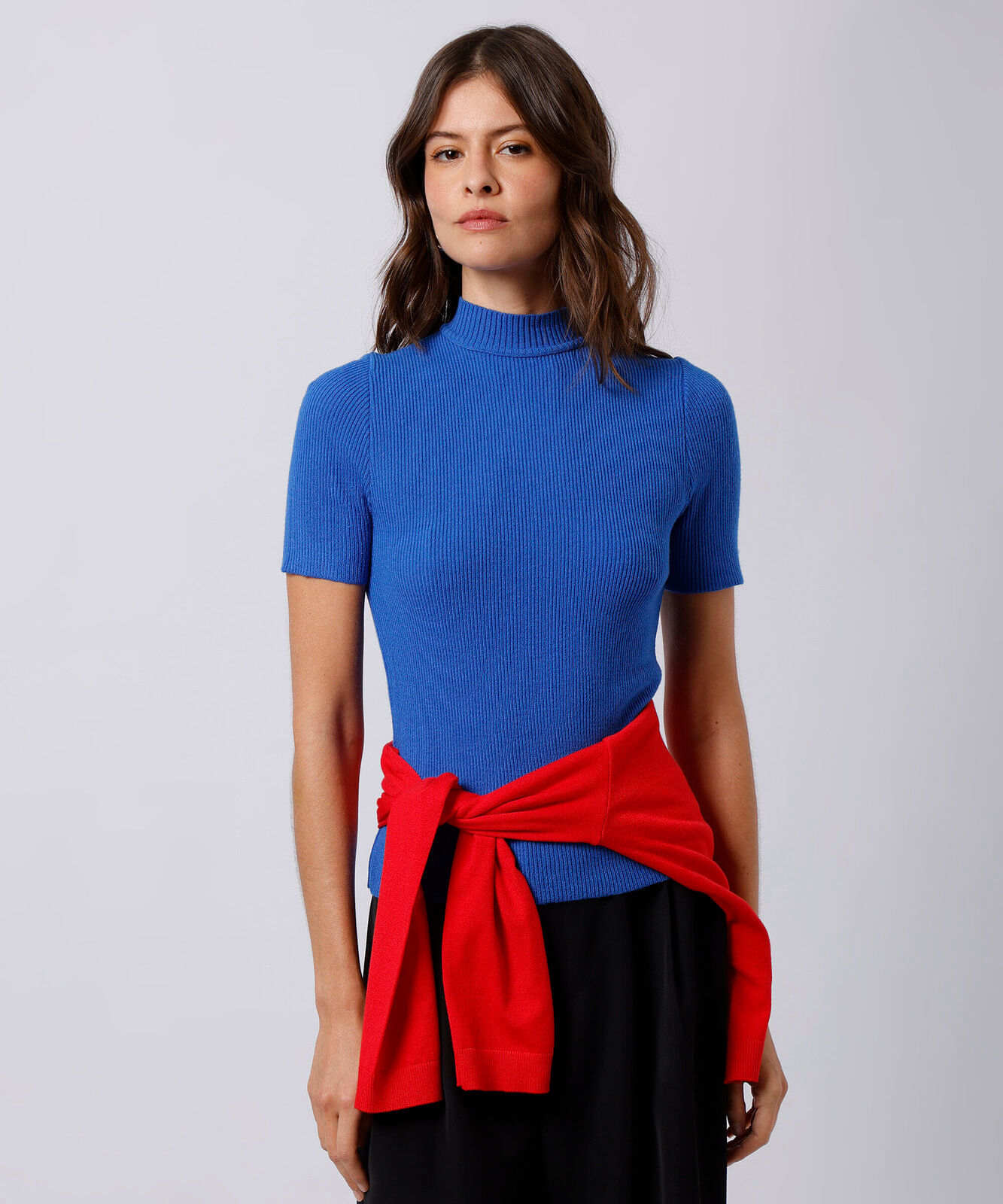 blusa feminina de tricot gola alta canelada mindset azul
