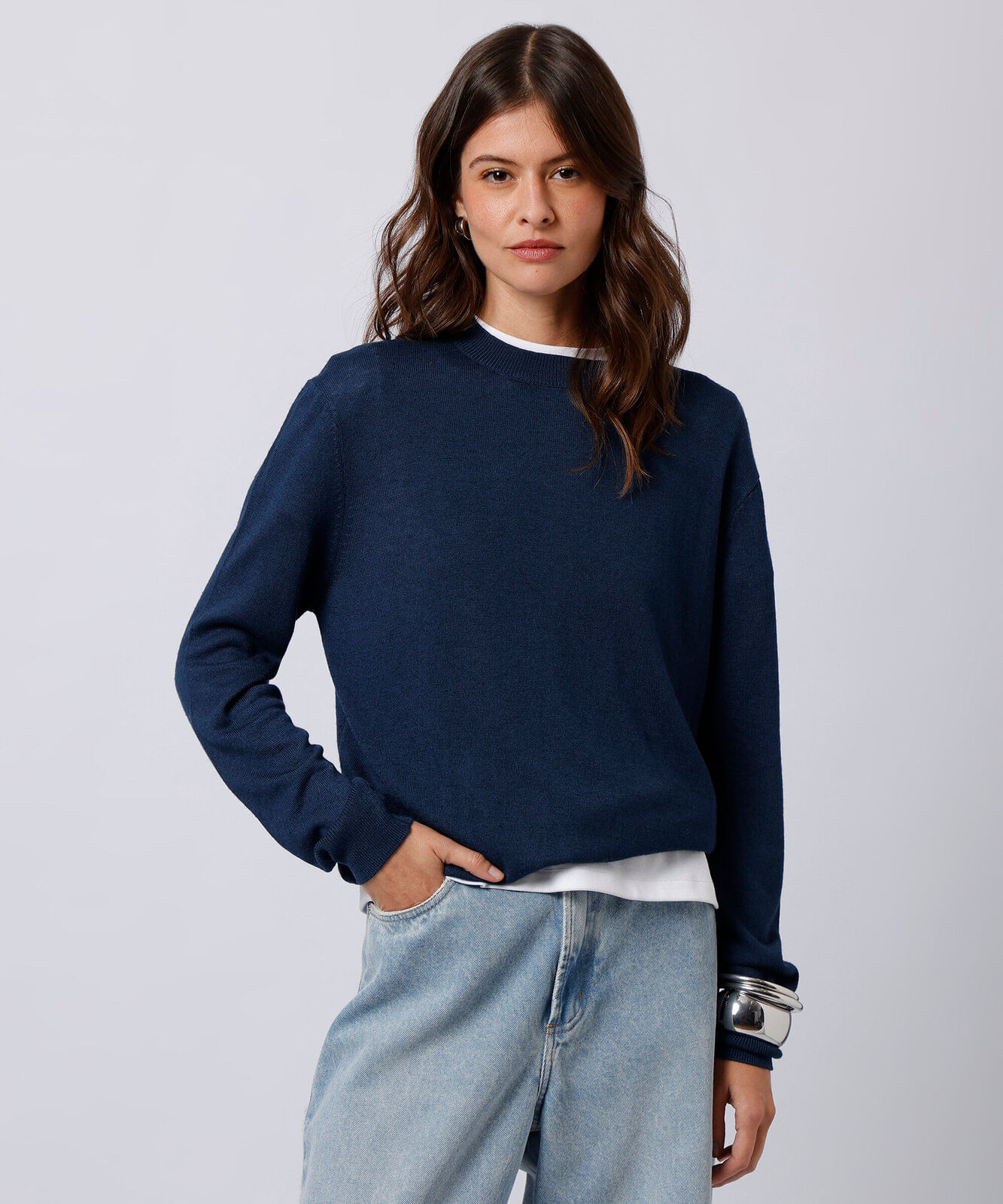 suéter feminino de tricot com lã mindset azul