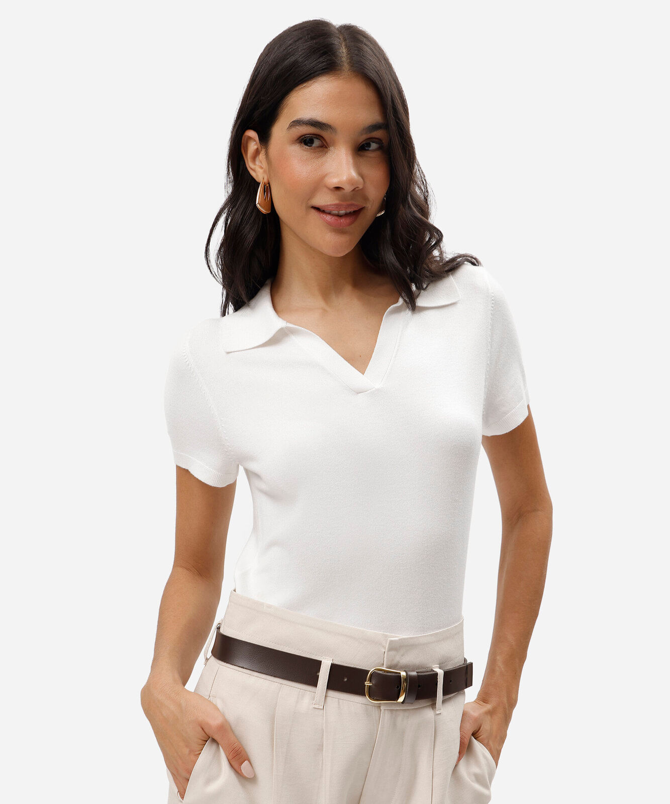 polo básica feminina de tricot manga curta off white
