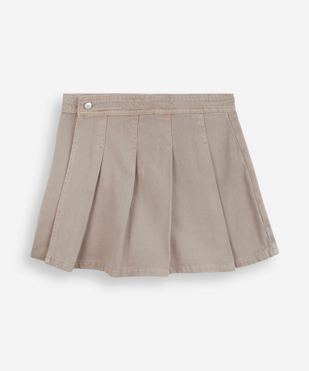 short saia juvenil de sarja com pregas bege