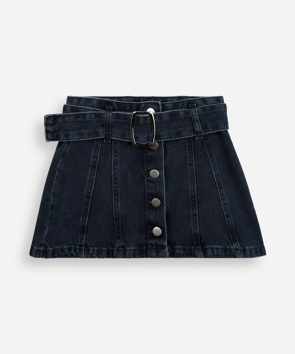 saia curta infantil jeans com recortes e cinto azul