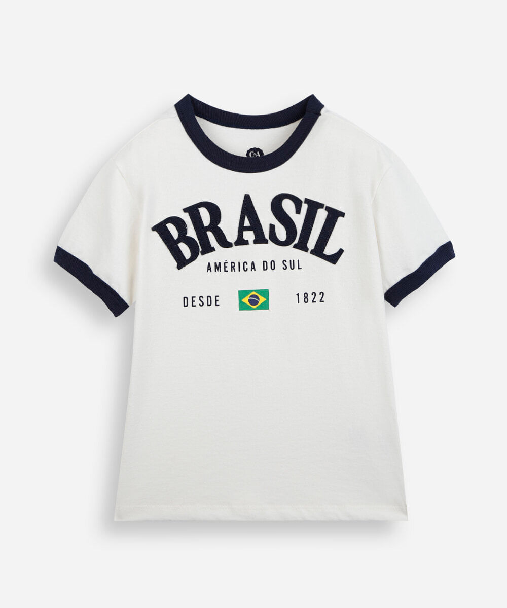camiseta infantil de algodão manga curta brasil off white