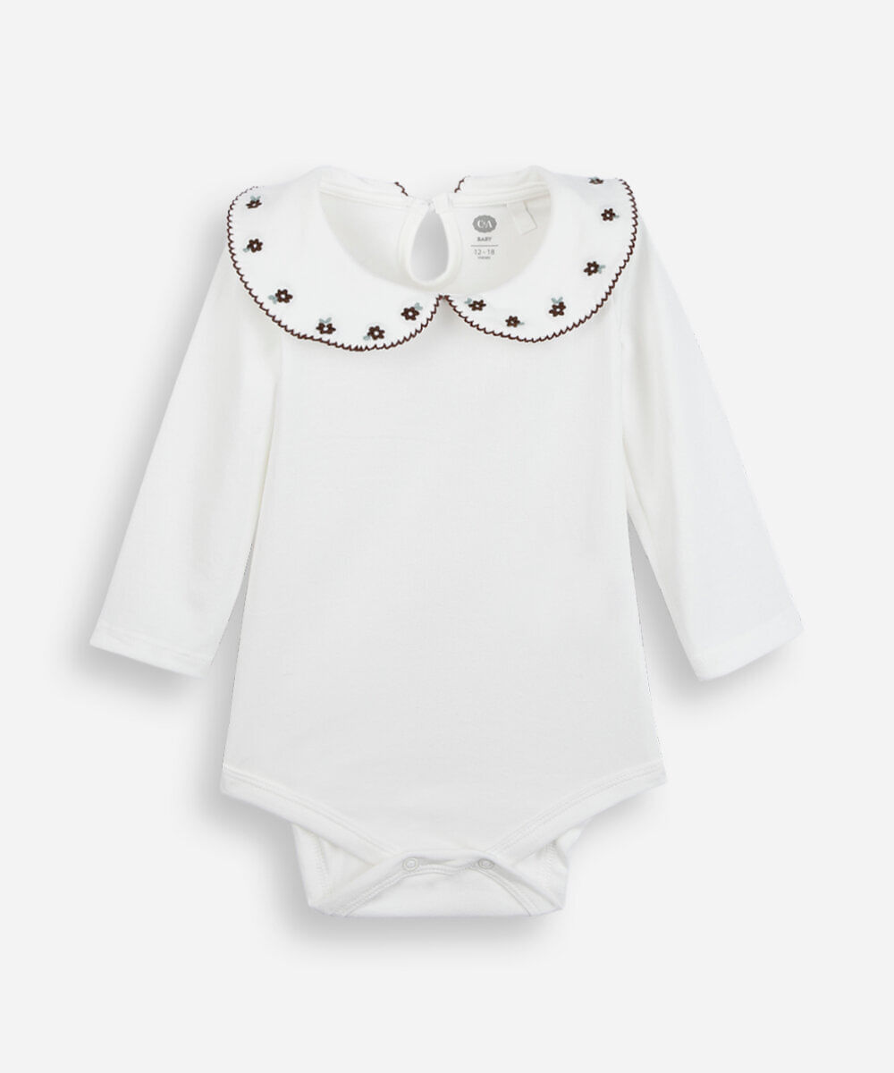 body infantil com algodão gola peter pan bordada off white