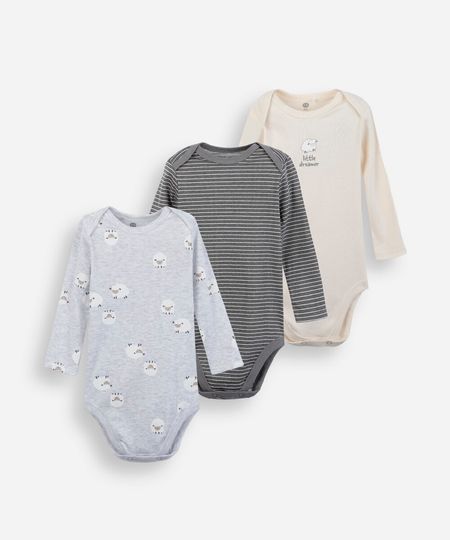 kit de 3 bodies infantil manga longa estampado colorido 3-6