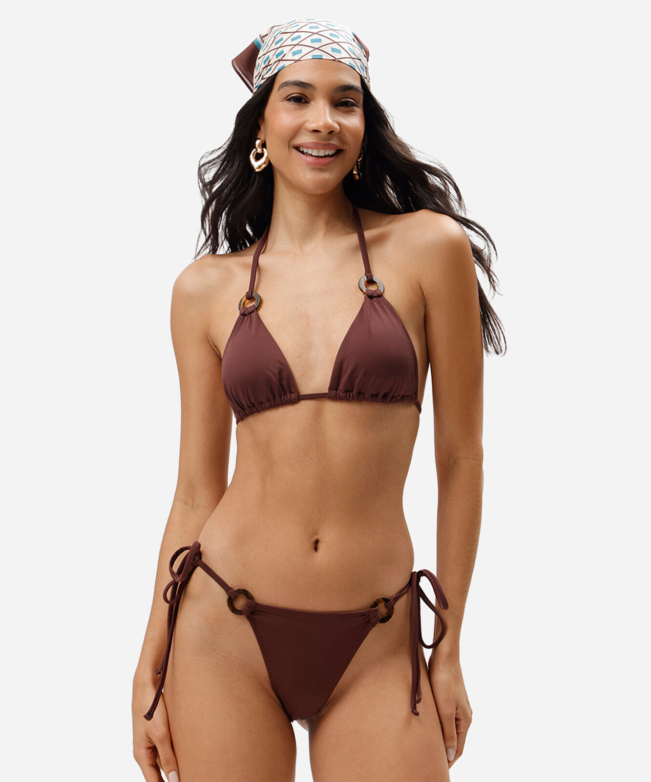biquíni calcinha tanga de amarração feminino com argolas marrom