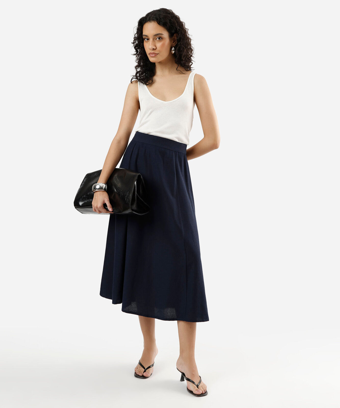 saia midi feminina com linho azul