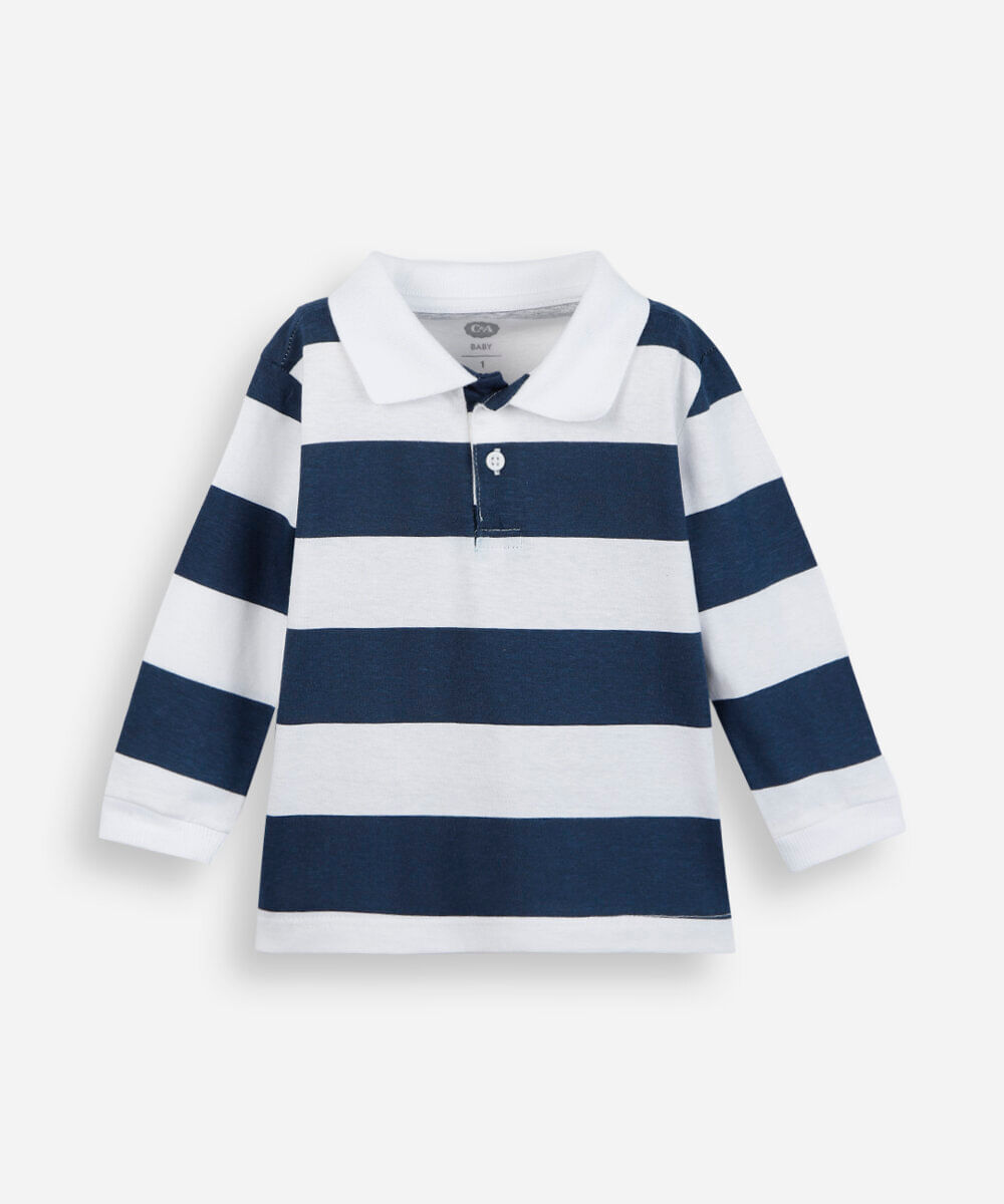polo infantil de algodão manga longa listrada azul