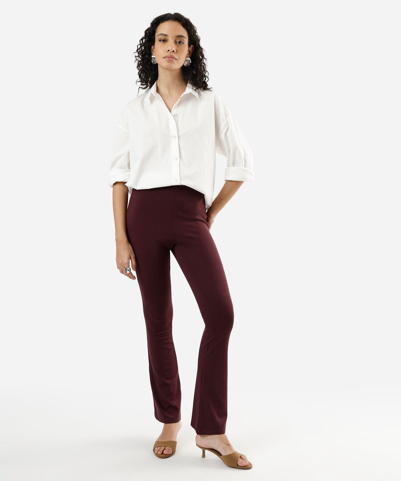 calça flare feminina com viscose cós elástico vinho