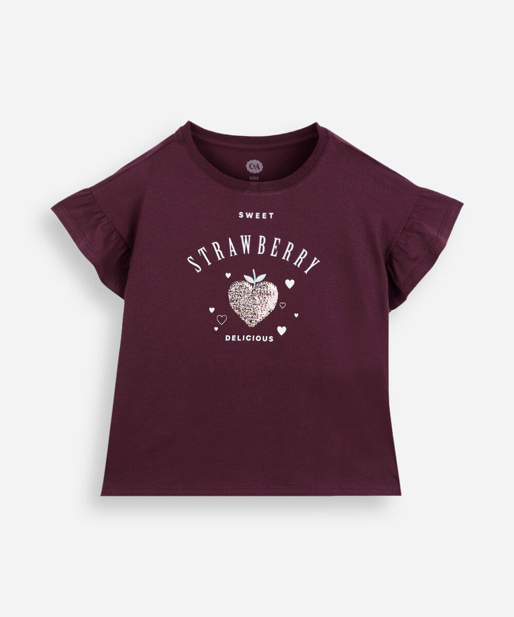 camiseta infantil de algodão com paetê estampada vinho